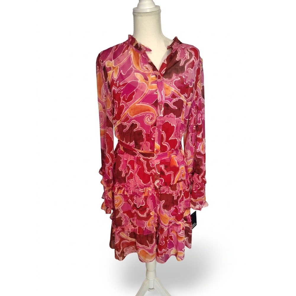 Donna Morgan Pink Red Abstract Floral Tiered‎ Ruffle Mini Shirt Dress D9755M 10